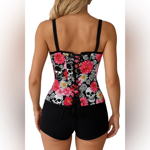 Hell Bunny Boned Corset Bustier Top Skull Floral Day of the Dead Gothic Size M - Picture 2 of 14